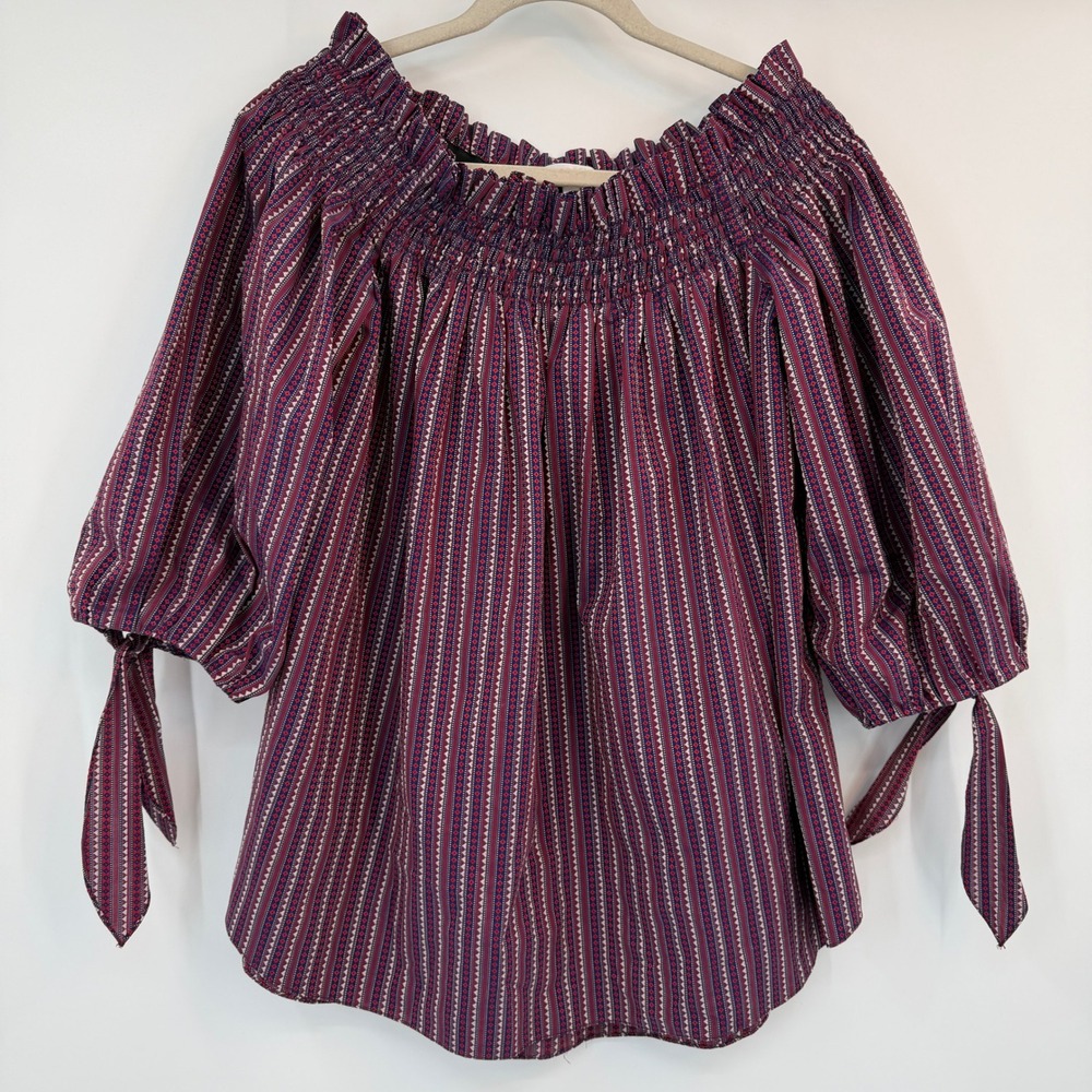 Caroline Constas Off The Shoulder Smocked Stripe Puff Tie Sleeve Top Large Gypsy